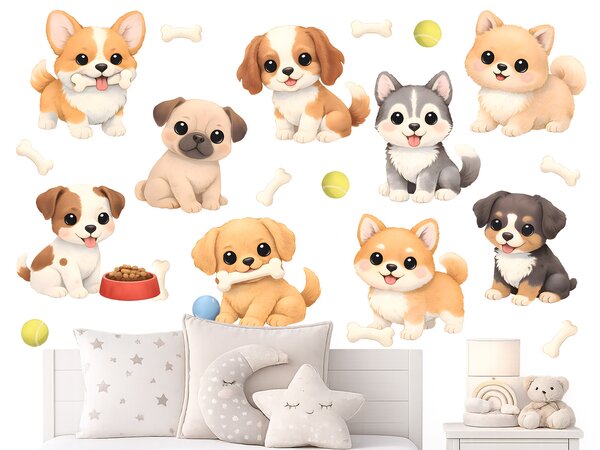 Psi psíci pejsci textilní přelepitelné samolepky na zeď arch 45 x 46 cm