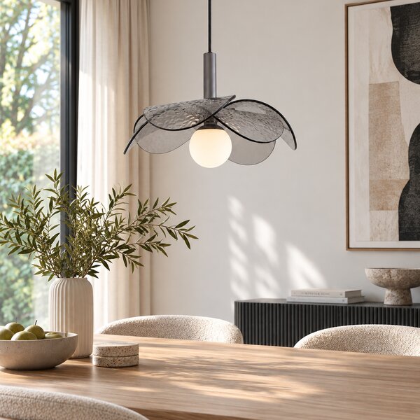 Designová závěsná lampa stříbrná s kouřovým sklem - Kemner