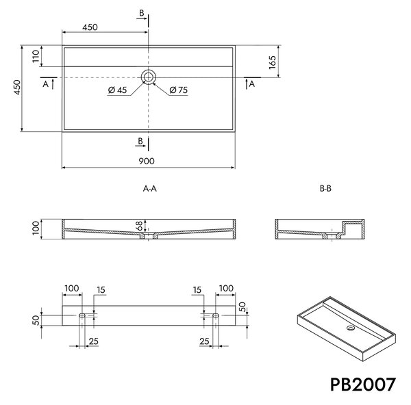 Umyvadlo PB2007 nástěnné i na desku - minerální odlitek - 90 × 45 × 10 cm - bílá matná