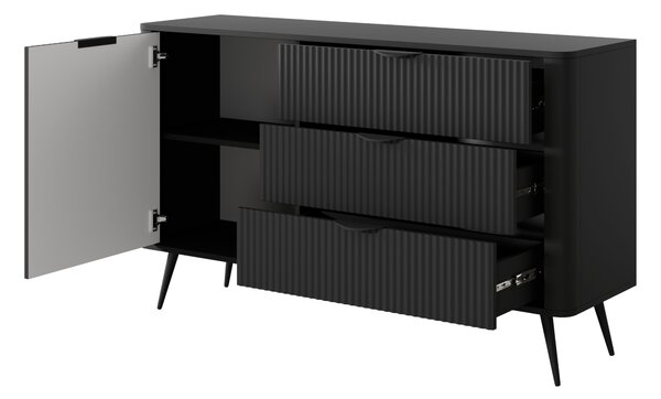 Komoda: 3 zásuvky, 1 dvířka, černá barva, rozměry: 138 cm (šířka), 2 x 81 cm (výška), 2 x 38 cm (hloubka)