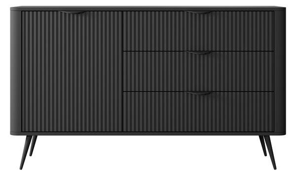 Komoda: 3 zásuvky, 1 dvířka, černá barva, rozměry: 138 cm (šířka), 2 x 81 cm (výška), 2 x 38 cm (hloubka)