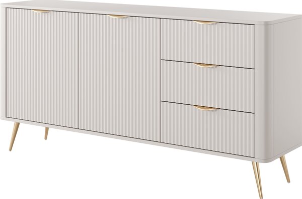 Komoda: 3 zásuvky, 2 dvířka, materiál: kašmír, zlaté nožky, rozměry: 163 cm (výška), 2 x 81 cm (šířka), 2 x 38 cm (hloubka)