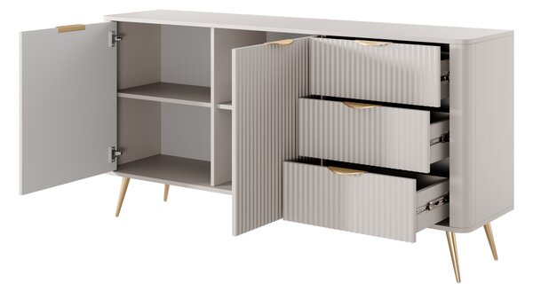 Komoda: 3 zásuvky, 2 dvířka, materiál: kašmír, zlaté nožky, rozměry: 163 cm (výška), 2 x 81 cm (šířka), 2 x 38 cm (hloubka)