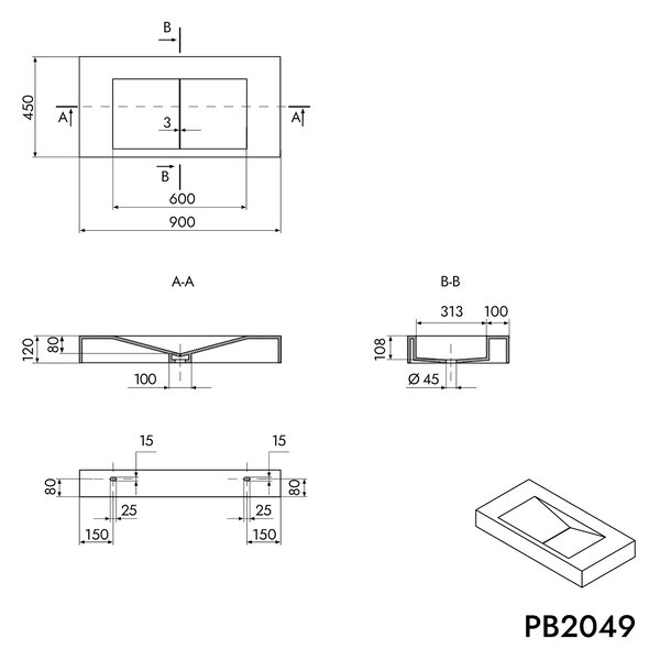 Nástěnné umyvadlo PB2049 z minerálního odlitku - 90 x 45 x 12 cm - bílé matné