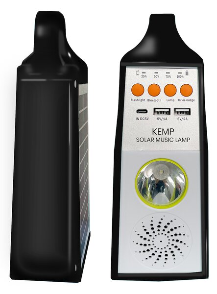 Multifunkční solární LED lampa s reproduktorem a powerbankou Kemp