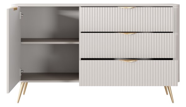 Komoda: 3 zásuvky, 1 dvířka, materiál: kašmír, zlaté nožky, rozměry: 138 cm (výška), 2 x 81 cm (šířka), 2 x 38 cm (hloubka)
