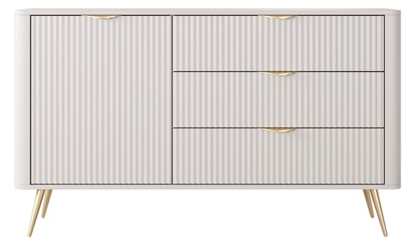 Komoda: 3 zásuvky, 1 dvířka, materiál: kašmír, zlaté nožky, rozměry: 138 cm (výška), 2 x 81 cm (šířka), 2 x 38 cm (hloubka)