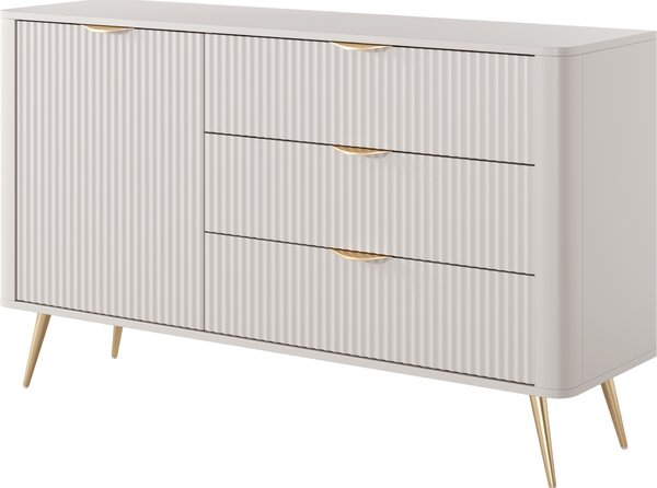 Komoda: 3 zásuvky, 1 dvířka, materiál: kašmír, zlaté nožky, rozměry: 138 cm (výška), 2 x 81 cm (šířka), 2 x 38 cm (hloubka)