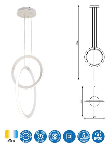 Mantra 7191 Kitesurf, závěsné moderní bílé svítidlo, 48W LED 3000K, průměr 60cm