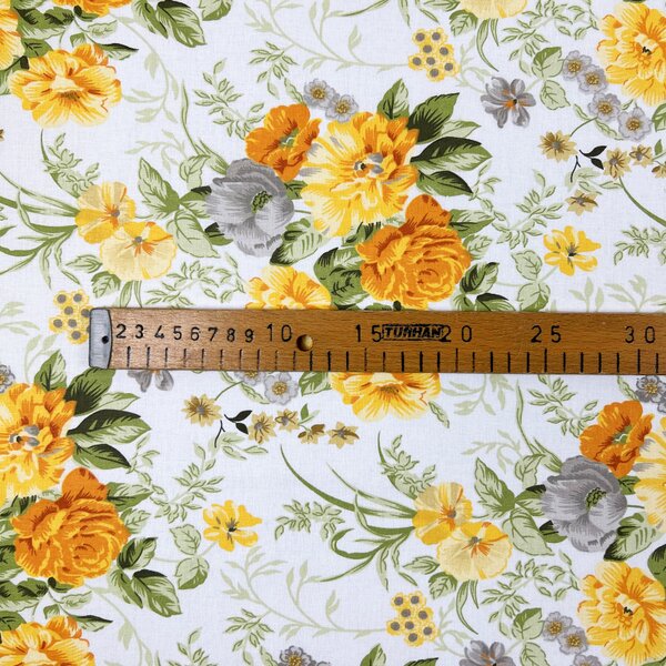 Ervi Bavlněná látka/plátno š.240cm - Žluté a šedé květy - 13025-38, metráž