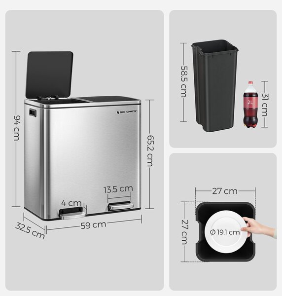 Koš na separování odpadu SORT, 2x30l+pytle na odpadky, stříbrná/černá Vasagle