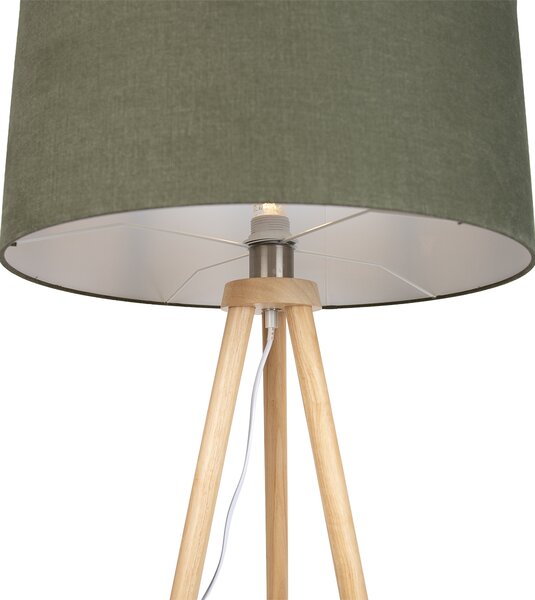 Dřevěná stojací lampa s trojnožkou a zeleným stínidlem 50 cm - Lou