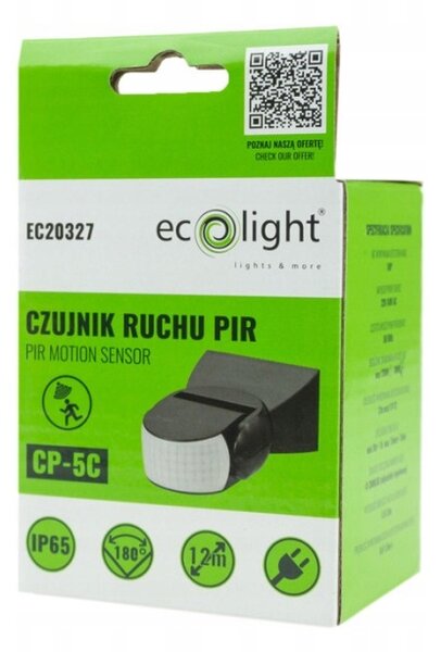 ECOLIGHT PIR Pohybový Senzor 220 - 240V AC Nastavitelný Voděodolný IP65 Max. 300W Černý