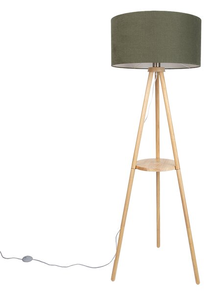 Dřevěná stojací lampa s trojnožkou a zeleným stínidlem 50 cm - Lou