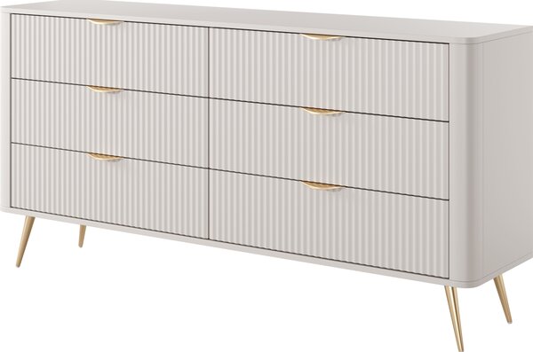 Komoda: 6 zásuvek, materiál kašmír, zlaté nožky, rozměry 163 cm (výška), 2 x 81 cm (šířka), 2 x 38 cm (hloubka)
