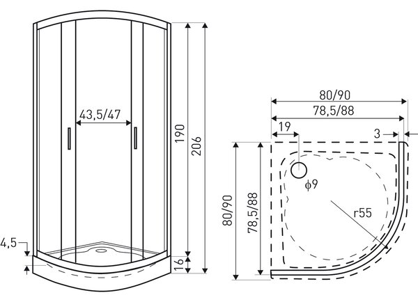 Novoterm Čtvrtkruhový sprchový kout NV-Madera 80x80 chrom/potisk - bez vaničky