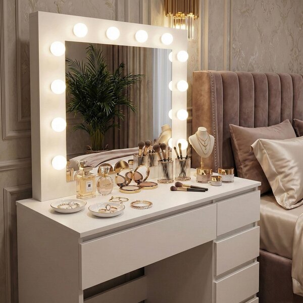 ModernHome MRDT10-MW Toaletní stolek se zrcadlem a LED osvětlením, stolička, bílý