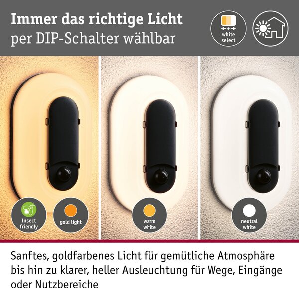 P 94958 LED venkovní nástěnné svítidlo Elunor pohybové čidlo IP65 podlouhlé 122x212mm 2200 - 4000K 18,5W 230V antracit/bílá polykarbonát - PAULMANN