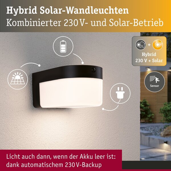 P 95747 Hybrid LED venkovní nástěnné svítidlo Calyne domovní 230V + solární IP44 hranaté 145x229mm 3000K 2,3W 230V černá - PAULMANN