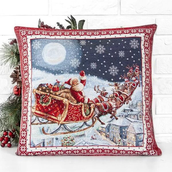 Vánoční povlak na polštář s motivem Santa na saních 45x45 cm