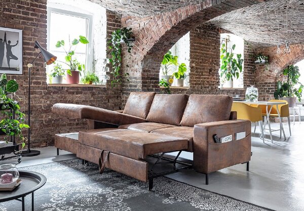 Hnědá rozkládací rohová pohovka z imitace kůže Miuform Lofty Lilly Vintage, levý roh