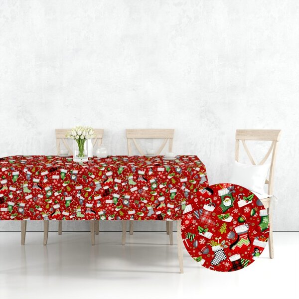 Ervi bavlněný ubrus na stůl čtvercový - Vánoční ponožky červené