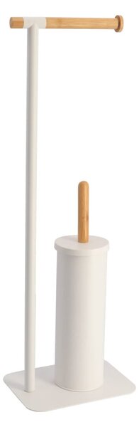 Stojan na toaletní papír a WC kartáč White Bamboo, bílý/s dřevěnými prvky