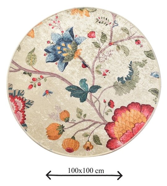 Béžová sametová koupelnová předložka ø 100 cm Vintage Flower – Foutastic
