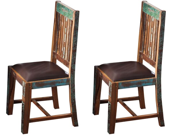 OLDTIME Židle s kůží, hnědá, 2-set, lakované staré dřevo