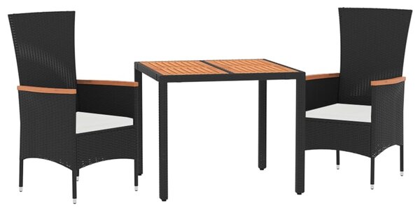 3dílný zahradní jídelní set s poduškami černý polyratan