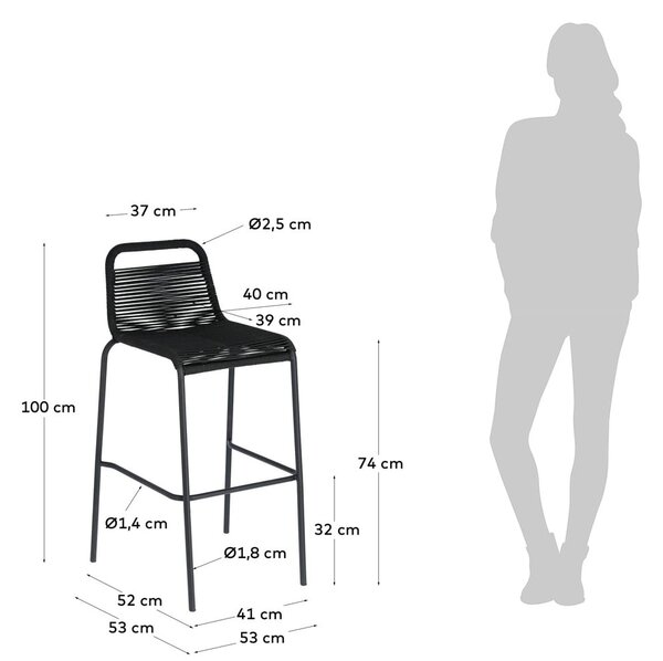Černá barová židle s ocelovou konstrukcí Kave Home Glenville, výška 74 cm