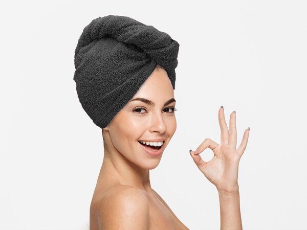 Rychleschnoucí froté turban na vlasy tmavě šedý, 100% bavlna