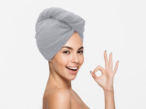 Rychleschnoucí froté turban na vlasy světle šedý, 100% bavlna