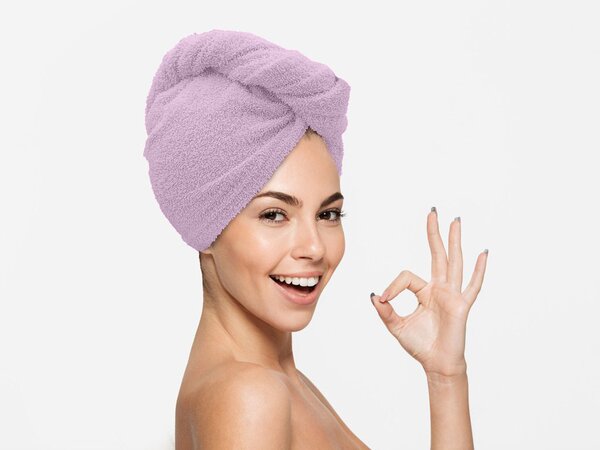 Rychleschnoucí froté turban na vlasy světle fialový, 100% bavlna