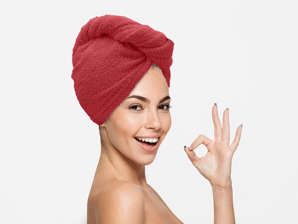 Rychleschnoucí froté turban na vlasy červený, 100% bavlna