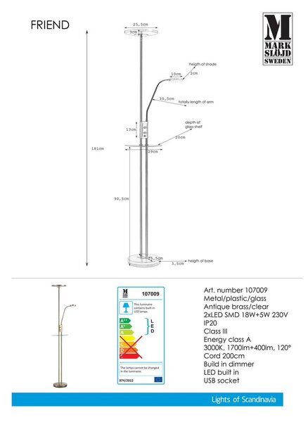 Volně stojící LED lampa v mosazné barvě Markslöjd Friend Uplight