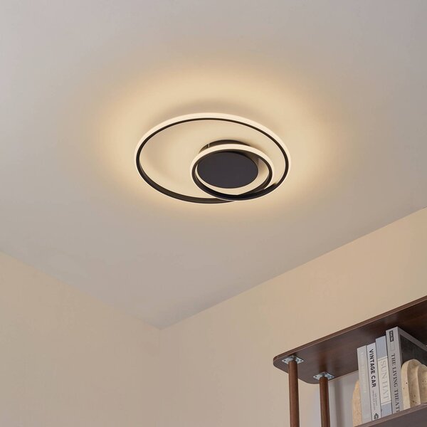Lindby LED stropní svítidlo Kyron, černé, hliník, stmívatelné, Ø45cm, stmívatelný, Černá, Obývací pokoj / jídelna, Hliník, Moderní