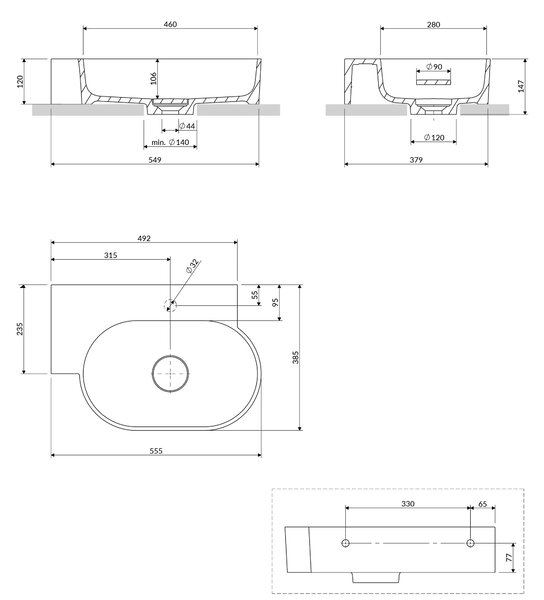 Omnires Ovo M+ umyvadlo 55x38 cm oválné na pult matný OVO555UWPTE