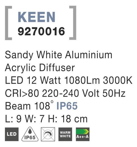 Nova Luce Venkovní nástěnné svítidlo KEEN, LED 12W 3000K 108st. IP65 Barva: Bílá