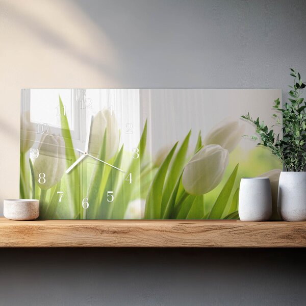 Skleněné hodiny horizontální Bílé tulipány zsppb-60x30-00295299