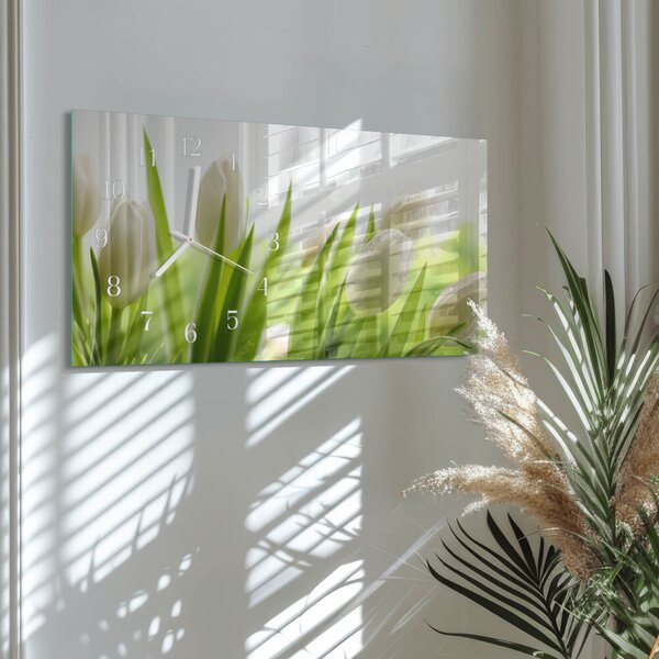Skleněné hodiny horizontální Bílé tulipány zsppb-60x30-00295299