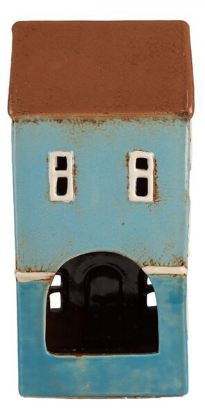 Modrý keramický svícen na čajovou svíčku domek Amster Village - 11*9*22 cm - Clayre & Eef