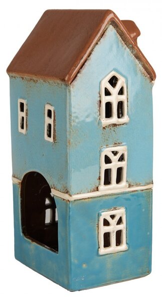 Modrý keramický svícen na čajovou svíčku domek Amster Village - 11*9*22 cm - Clayre & Eef