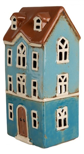 Modrý keramický svícen na čajovou svíčku domek Amster Village - 11*9*22 cm - Clayre & Eef
