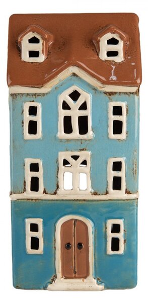 Modrý keramický svícen na čajovou svíčku domek Amster Village - 11*9*22 cm - Clayre & Eef