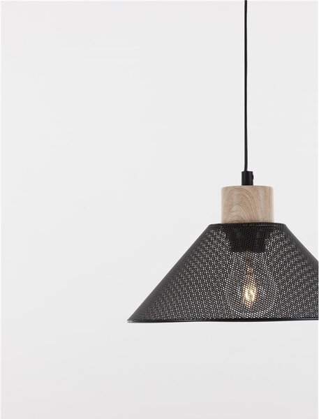 Nova Luce Závěsné svítidlo IAN matný černý kov přírodní dřevo E27 1x12W
