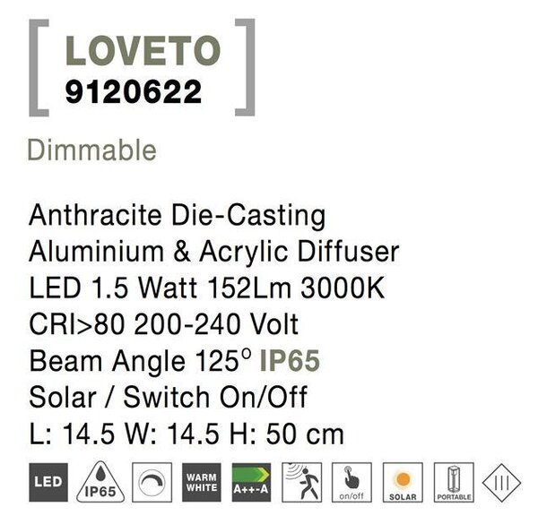 Nova Luce Venkovní sloupkové svítidlo LOVETO, LED 1.5W 3000K 3.7V, IP65 solární / vypínač na těle / pohybový senzor