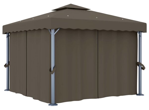 Altán se závěsy a světelnými LED řetězy 3 x 3 m taupe