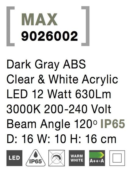 Nova Luce Venkovní nástěnné svítidlo MAX tmavě šedé, LED 12W 3000K, 120st. IP65