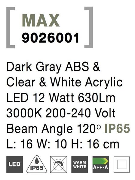 Nova Luce Venkovní nástěnné svítidlo MAX tmavě šedé, LED 12W 3000K, 120st. IP65